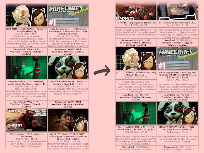 pictured: the old style of the videos page on the left, with an arrow pointing to the updated videos page on the right